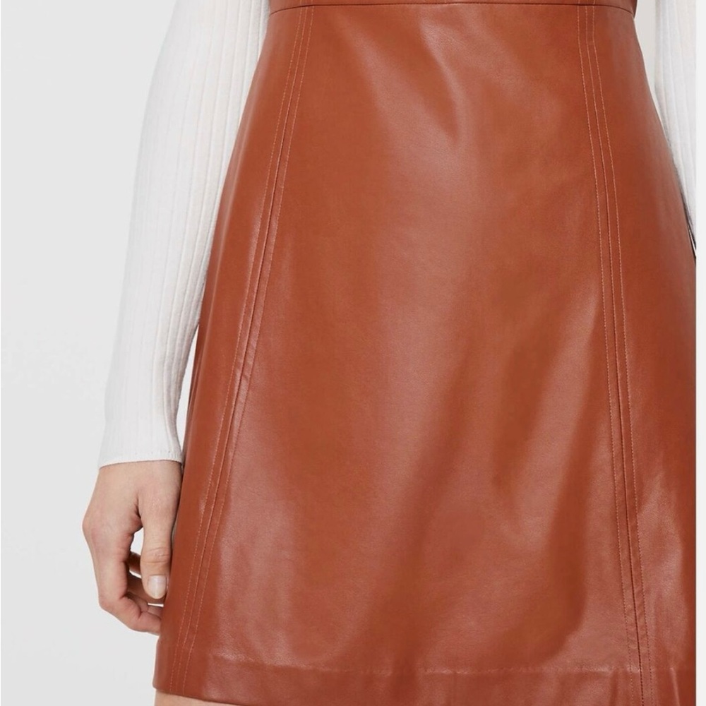 Ann Taylor Loft Cognac Brown Sleeveless Faux Leather Flare Dress - Size 12 - Picture 3 of 12